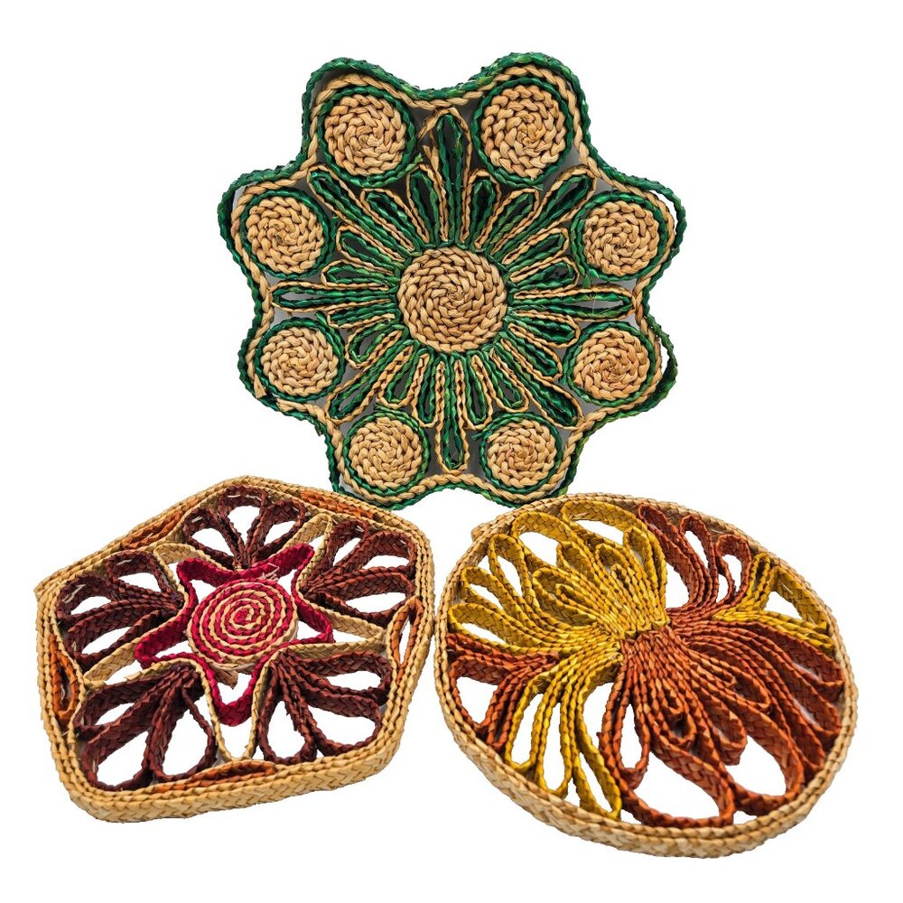 Vintage Retro Trivets Wicker Rattan Hot Plate Boho Straw Woven Kitchen Décor